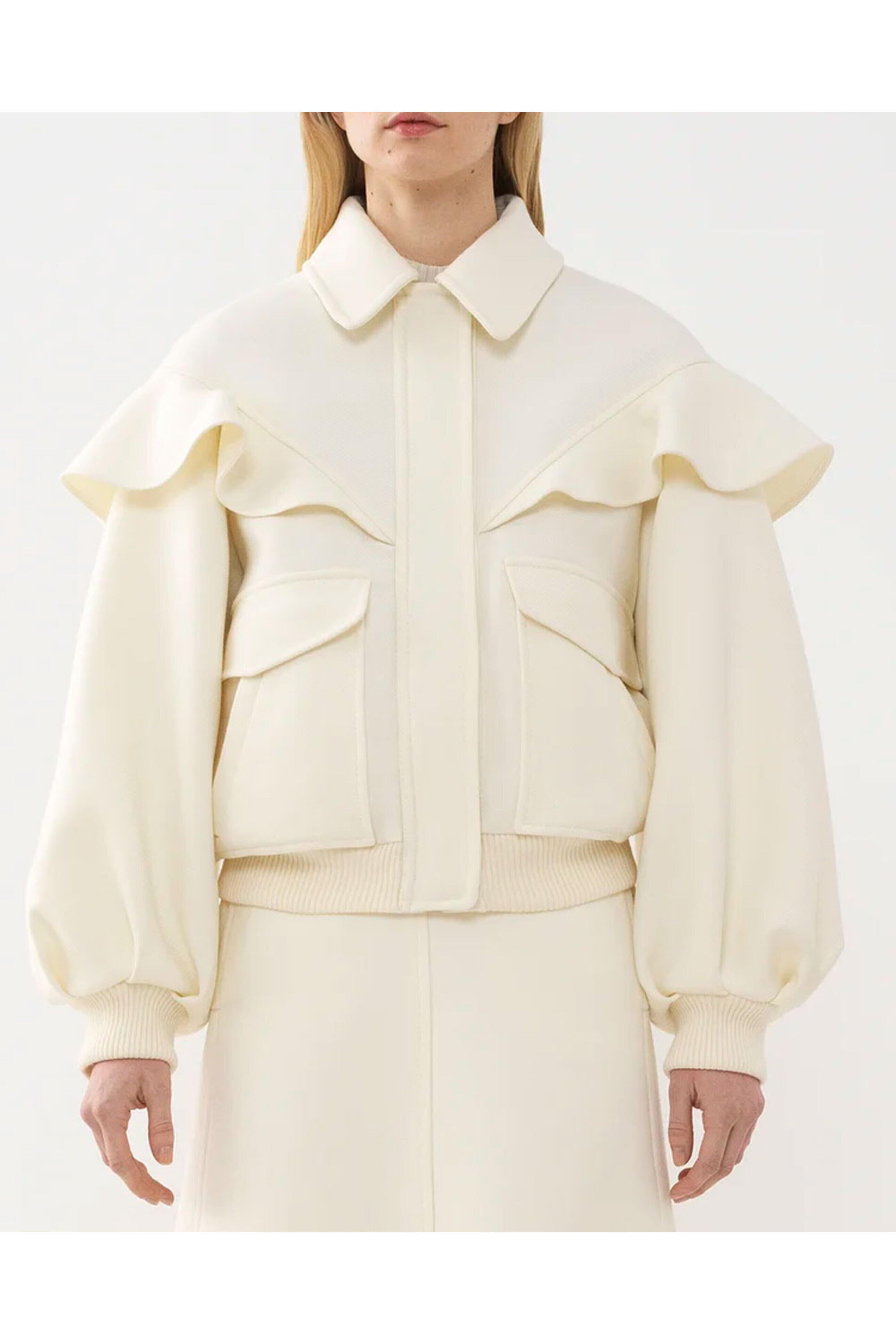 ジャケット・アウター muguet frill sailor collar blouson White whyto ホワイト ノーカラー ギャザー ブルゾン “no collar