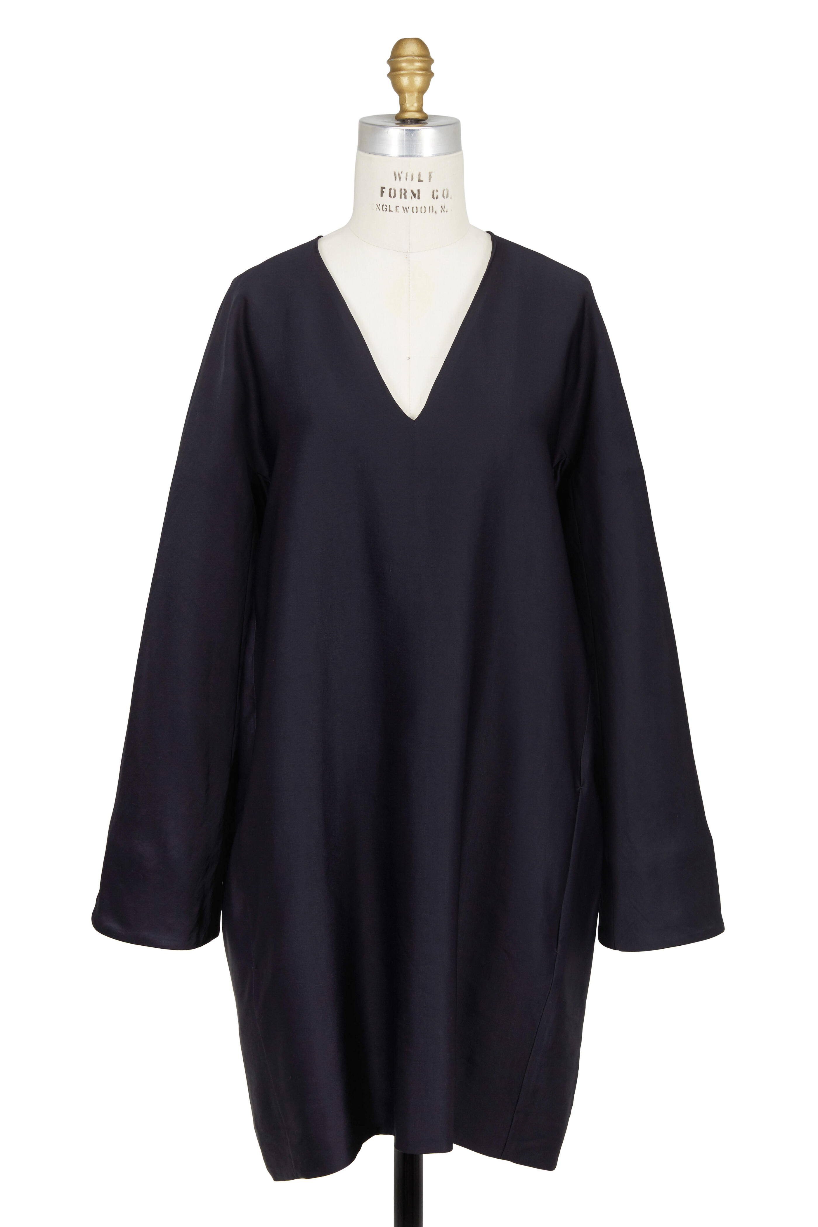 The Row - Hacan Navy Blue Linen Blend V-Neck Dress