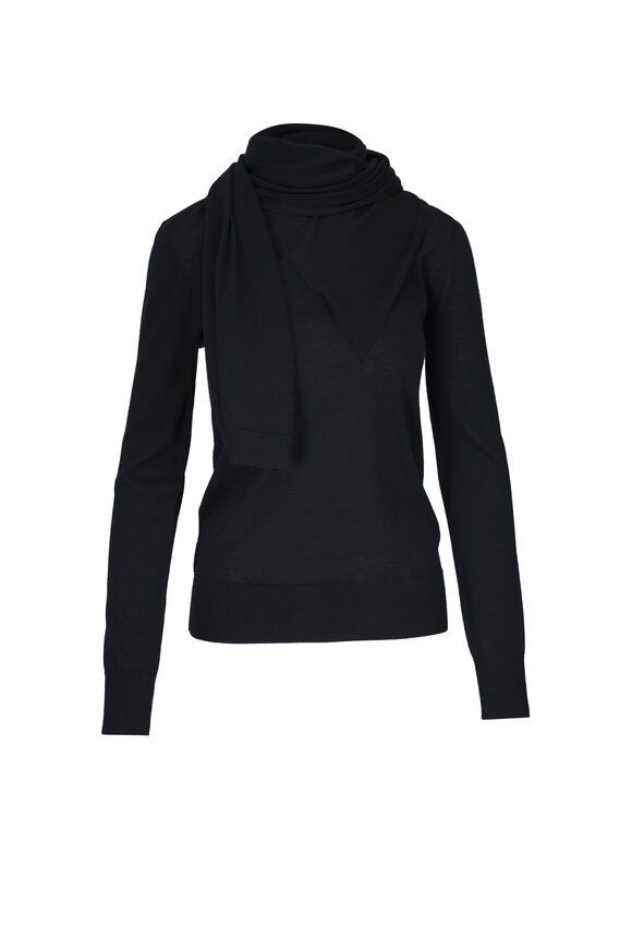 Totême Black Draped Scarf Wool & Silk Fine Knit Top