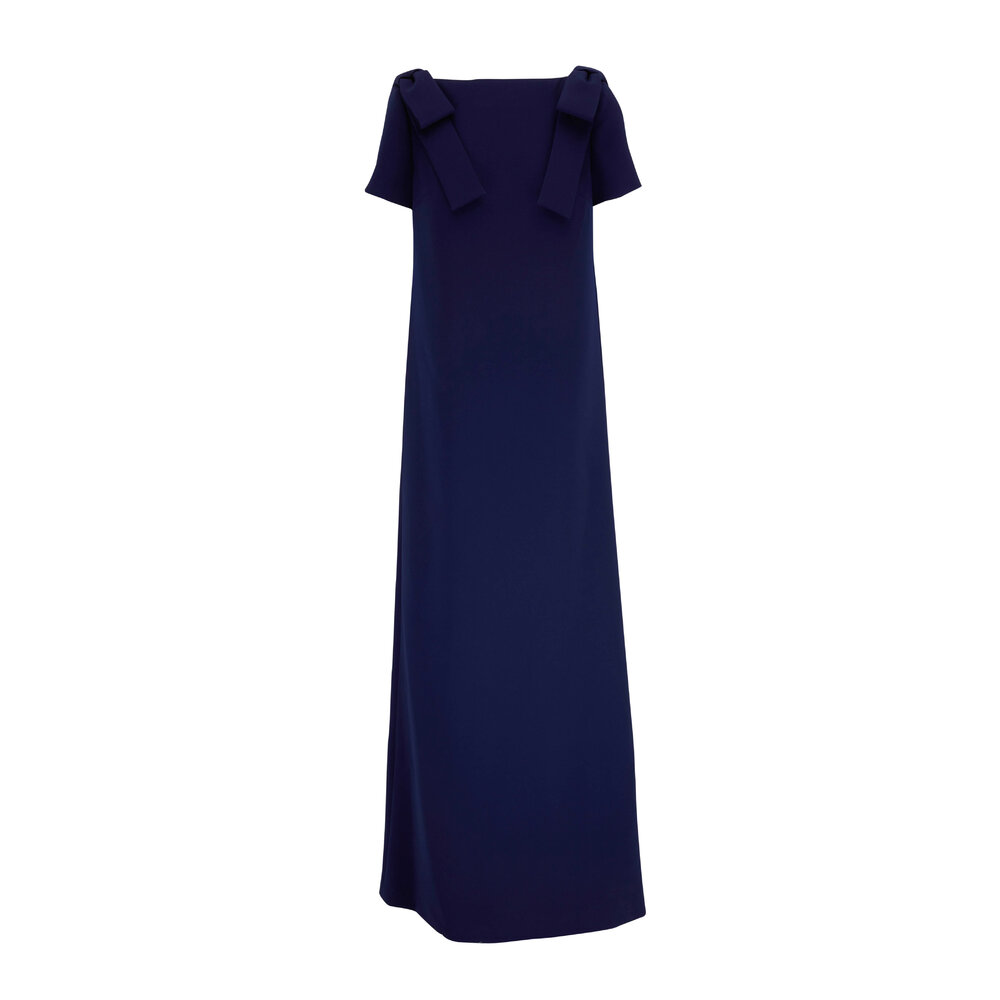 Carolina Herrera - Navy Bateau Neck Bow Shoulder Column Gown