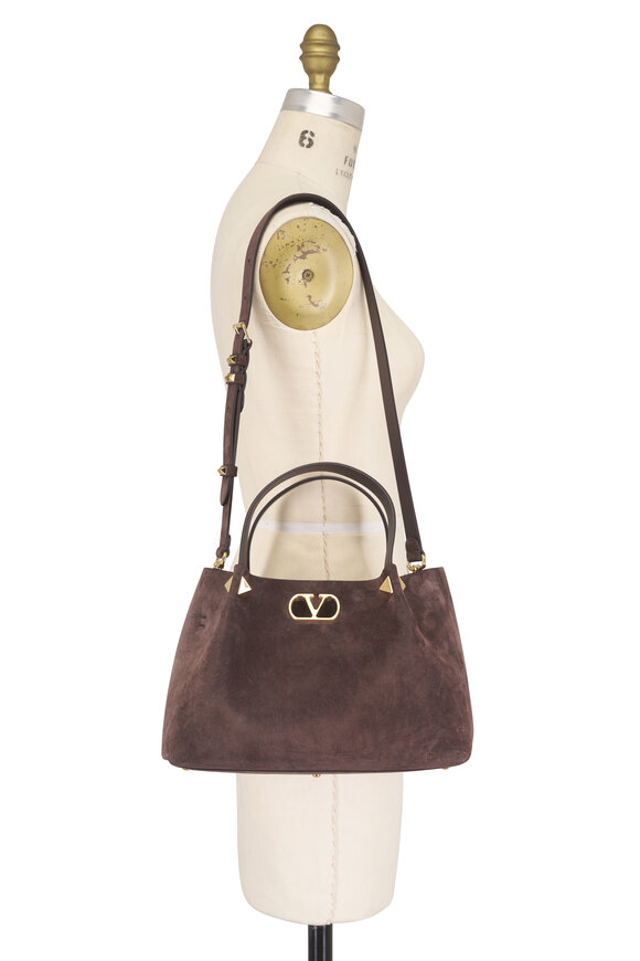 Valentino Garavani Small Ebony Brown Suede Shopping Bag - view 7