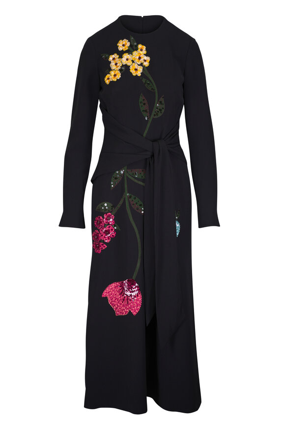 Lela Rose Black Floral Embroidered Tie Waist Midi Dress