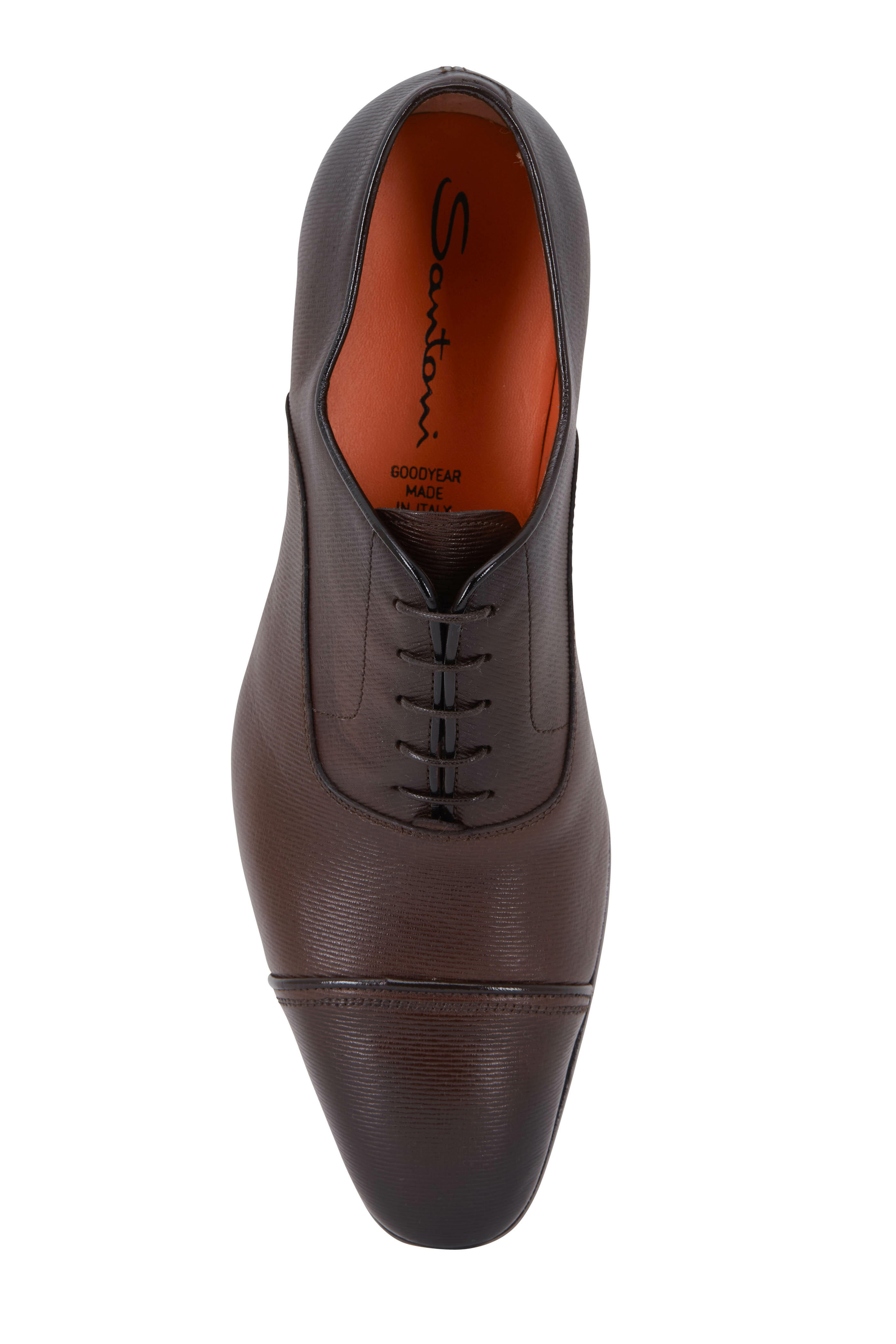 Santoni - Iafet Dark Brown Textured Leather Cap-Toe Oxford