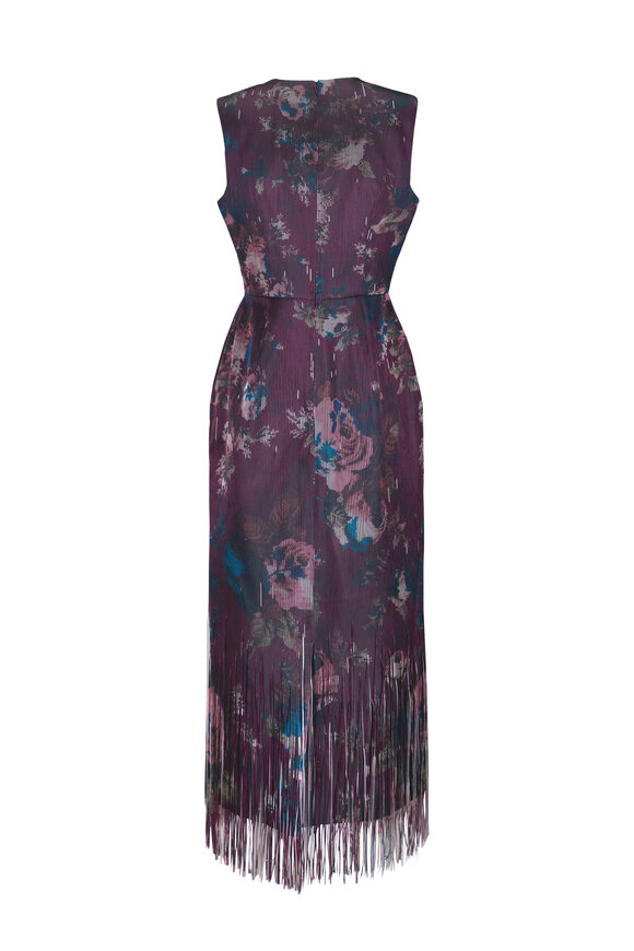 Erdem Burgundy Floral Print Fringe Jacquard Midi Dress - view 4