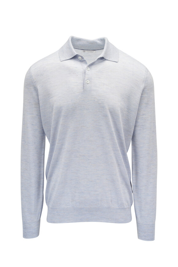 Brunello Cucinelli Light Blue Cashmere, Silk & Linen Long Sleeve Polo