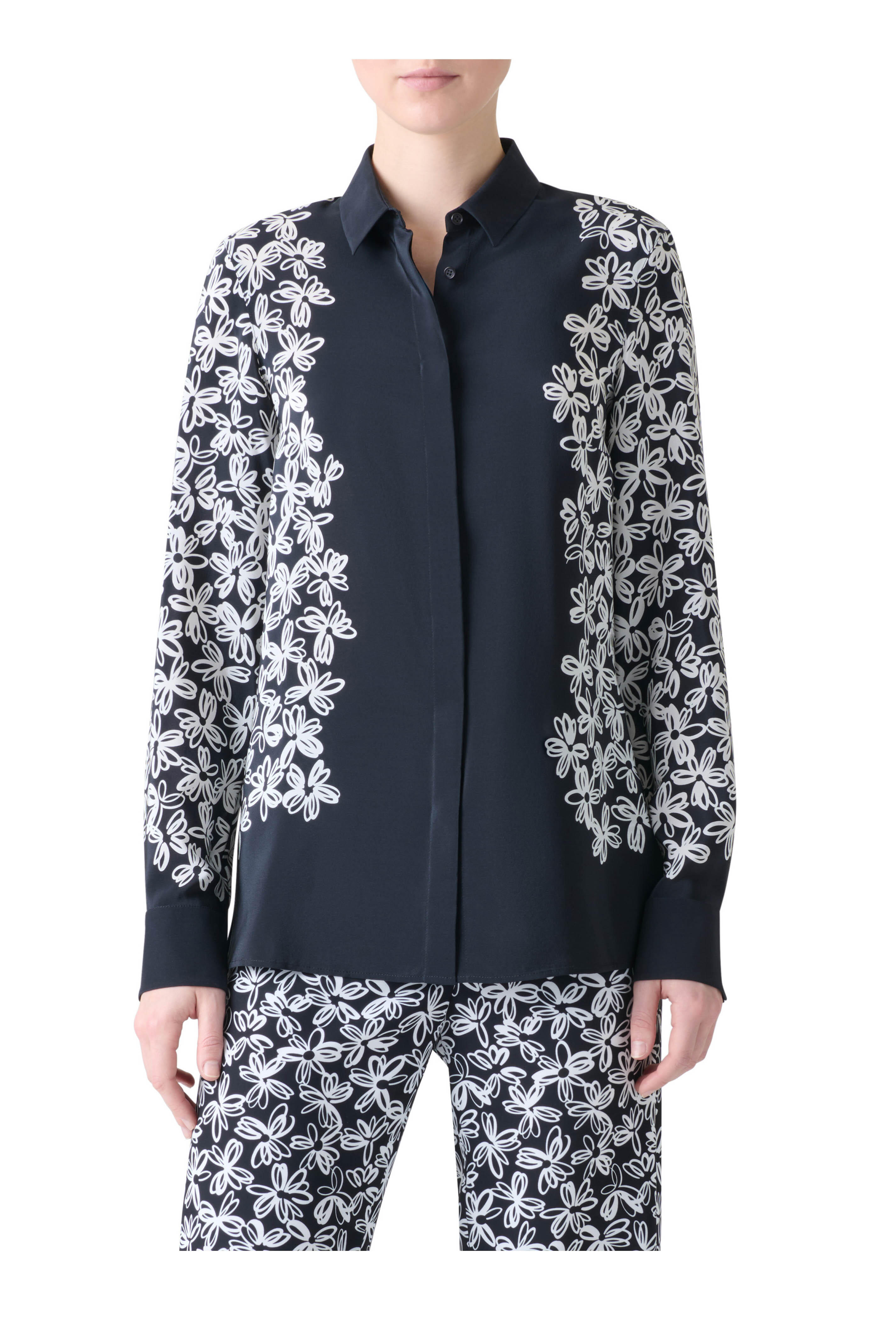 Akris Punto - Daisy Print Black & Cream Button Down Silk Blouse