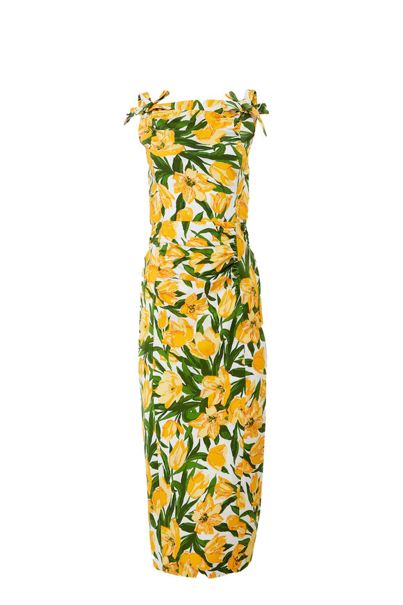 Carolina Herrera - Floral Multicolor Thin Strap Bow Midi Dress 