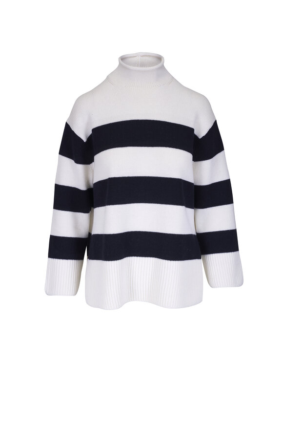 Vince Coastal Blue & Off White Stripe Roll Neck Sweater