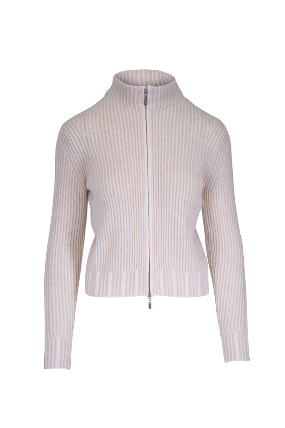 Kinross Ribbed Mock Neck Dune Cashmere Zip Cardigan