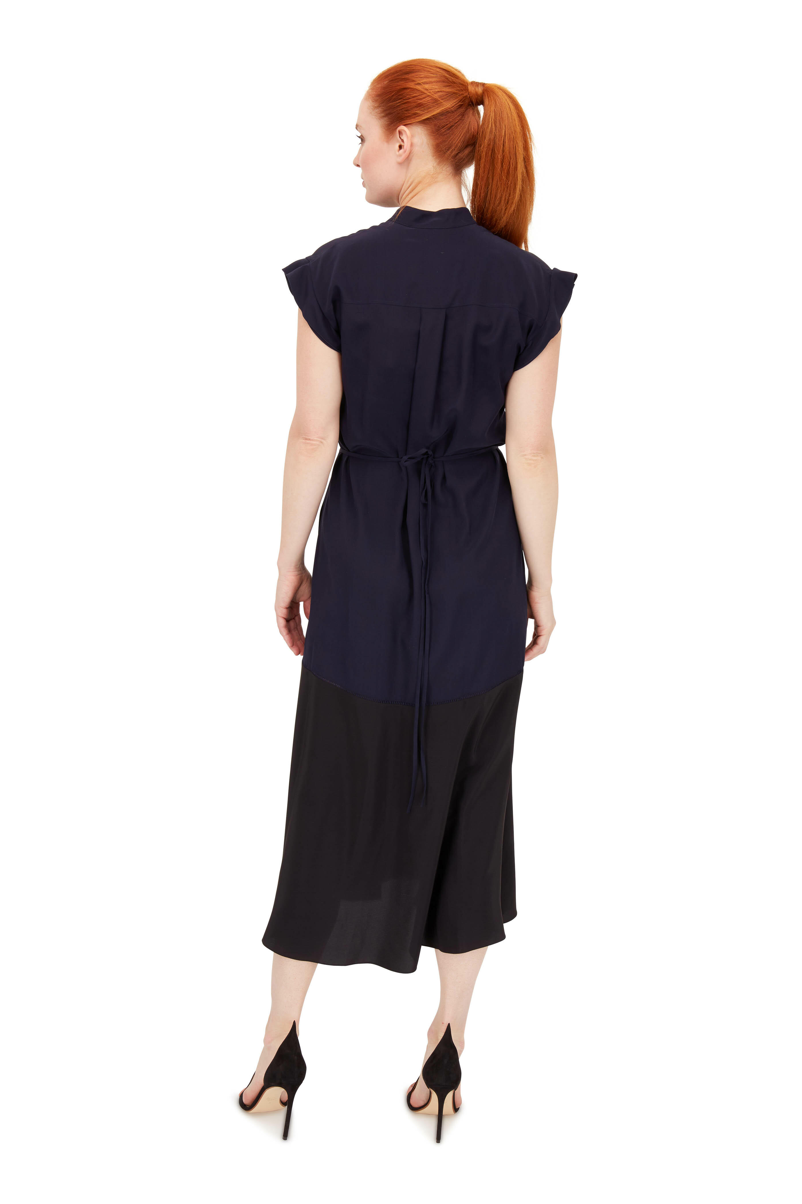 Chloé - Navy & Black Silk Contrast Hem Short Sleeve Dress