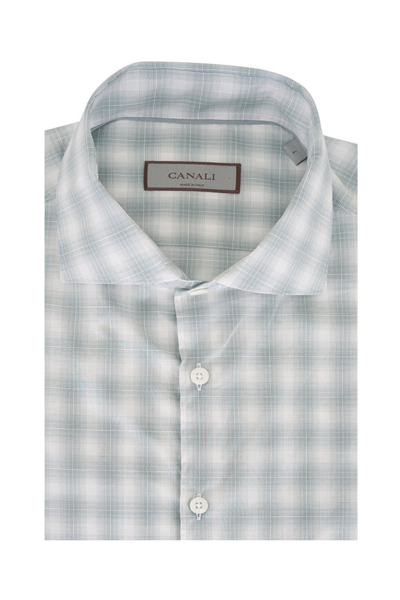 Canali Sage Green Plaid Cotton Dress Shirt