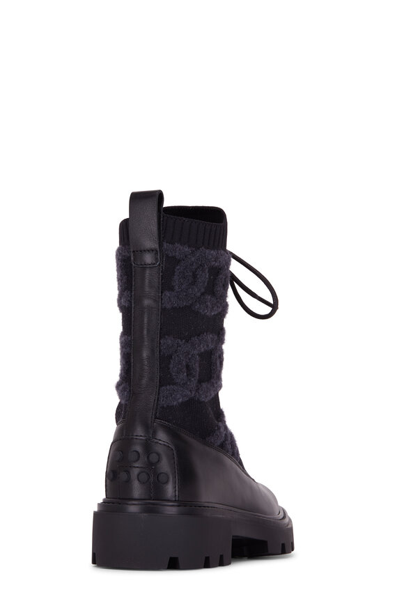 Tod's - Gomma Black Chain Knit & Leather Combat Boot
