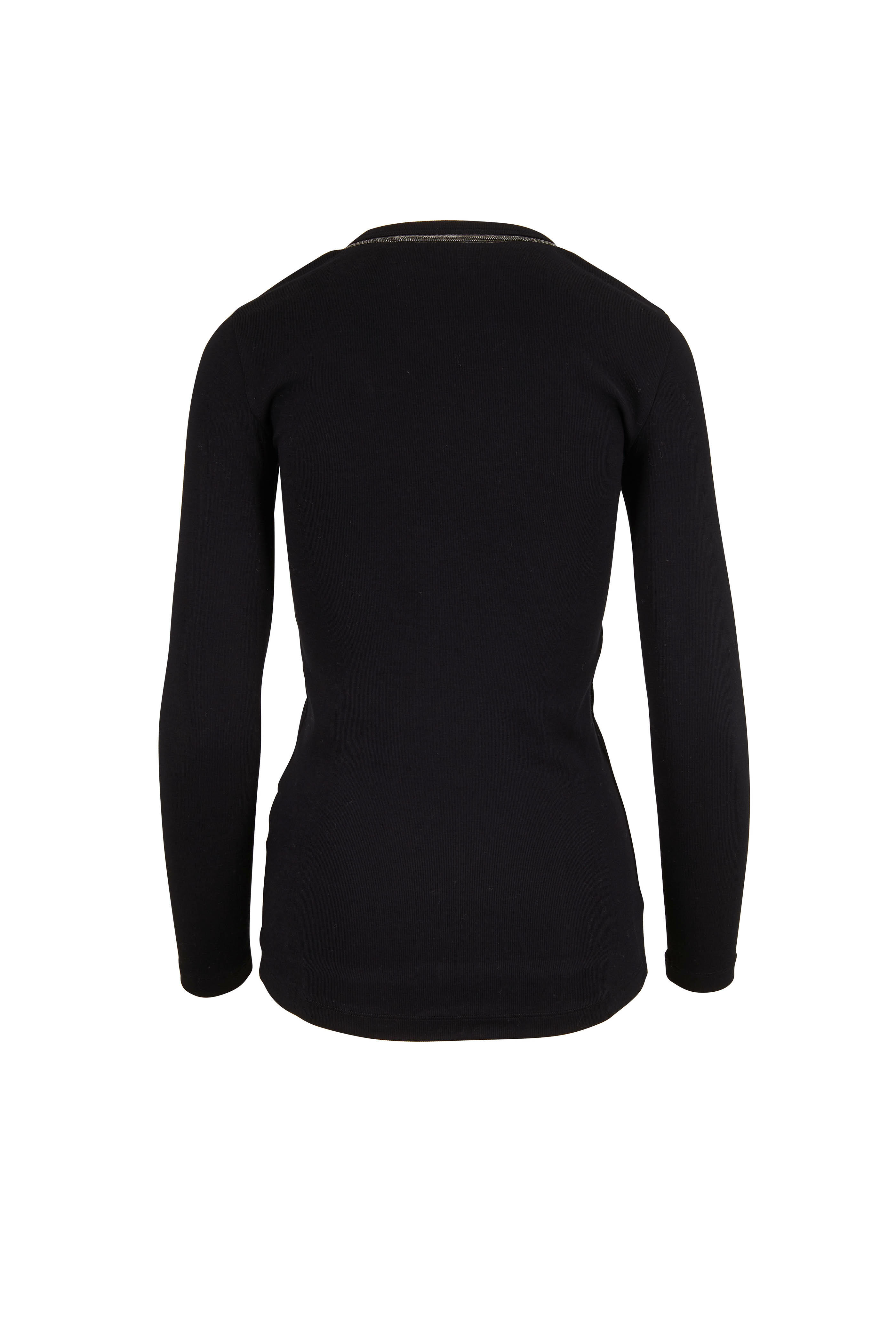Brunello Cucinelli - Black Tulle & Monili V-Neck Long Sleeve Top