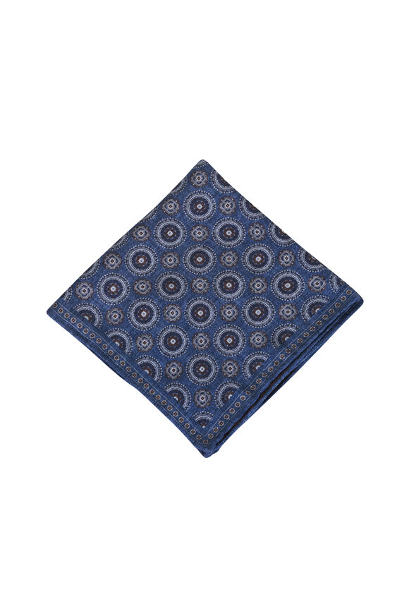 Brunello Cucinelli Blue & Brown Geometric Print Silk Pocket Square - view 1