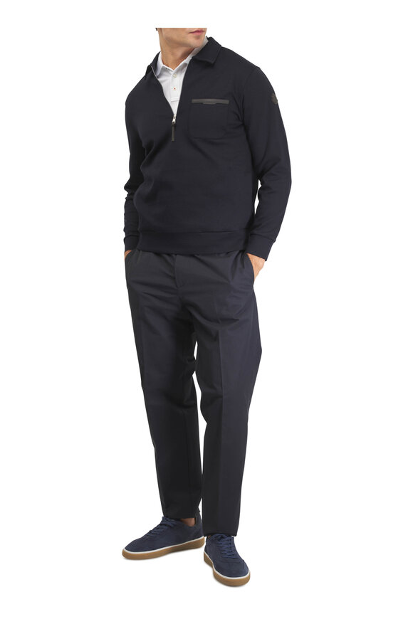Moncler Navy Leather Logo Jersey Quarter-Zip Pullover - view 2