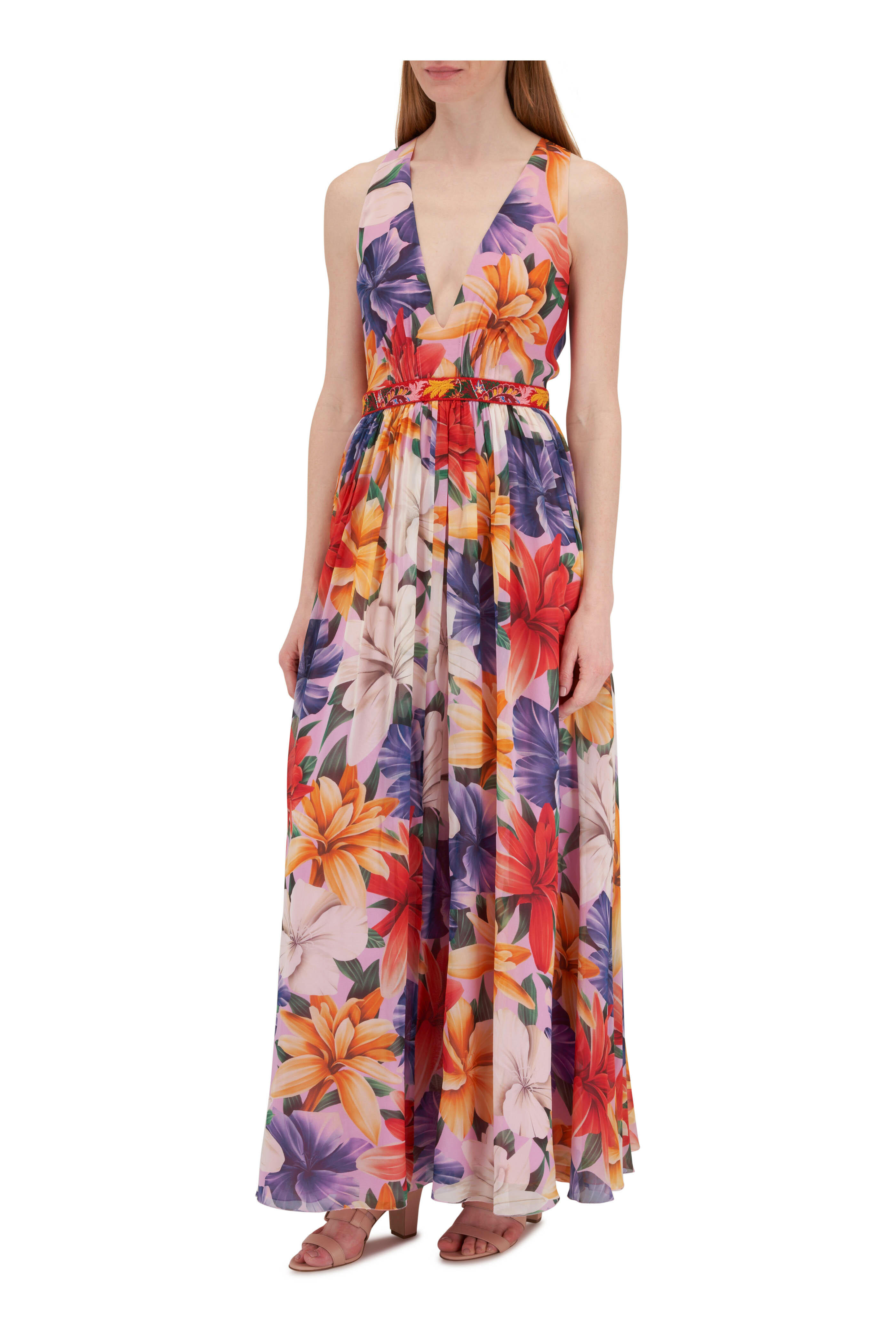 Etro - Bold Floral Silk Chiffon Plunging Maxi Dress