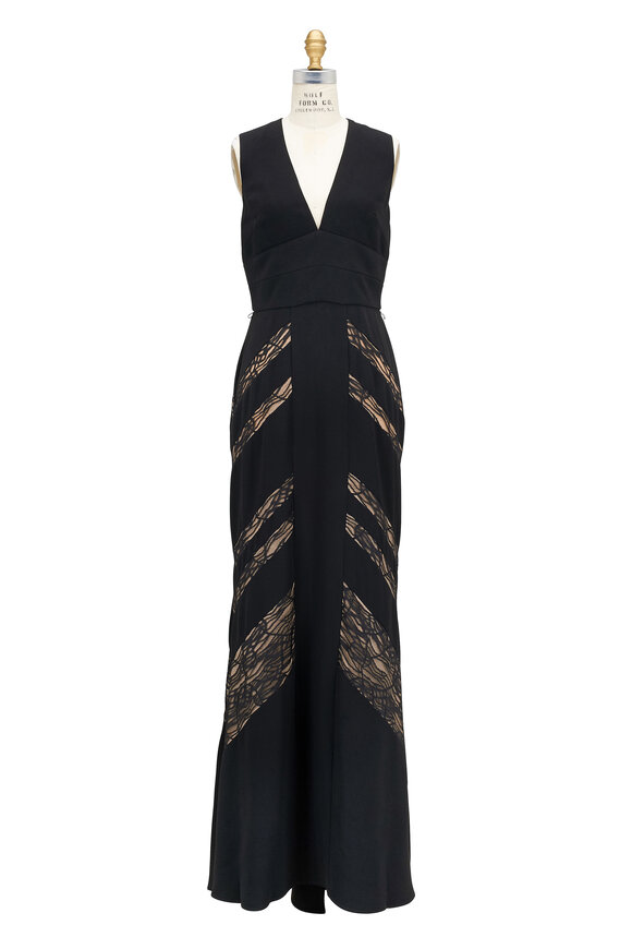 Elie Saab - Black Stretch Cady Lace Inset Sleeveless Gown 