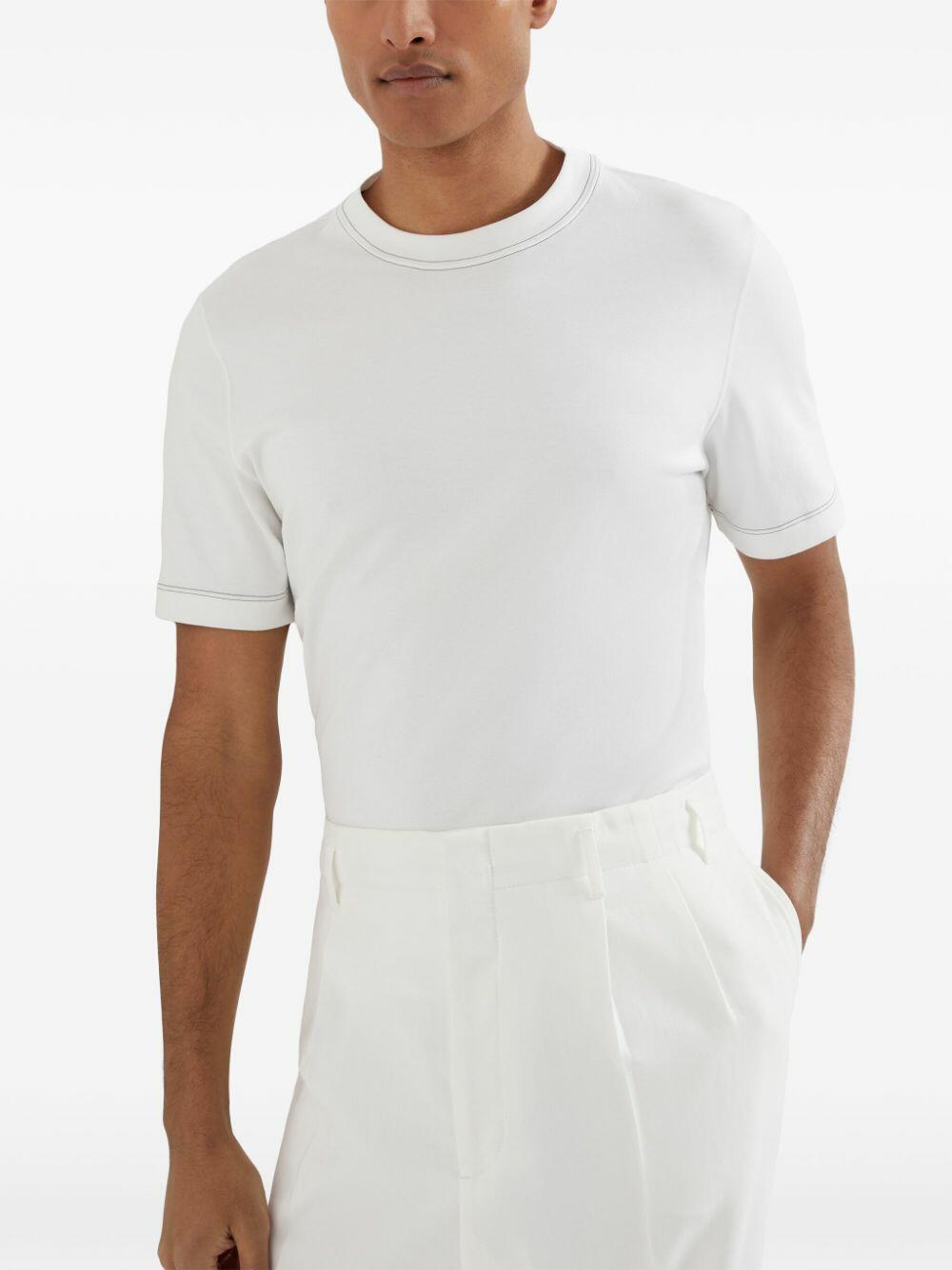 Brunello Cucinelli - White & Navy Trim Short Sleeve Crewneck