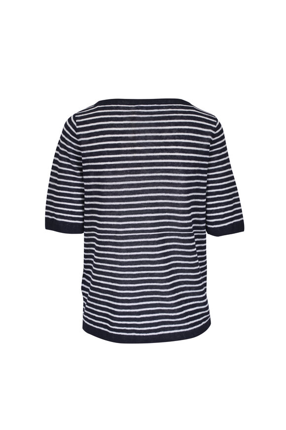 Majestic Marine Blue & White Stipe Linen Crewneck T-Shirt - view 3