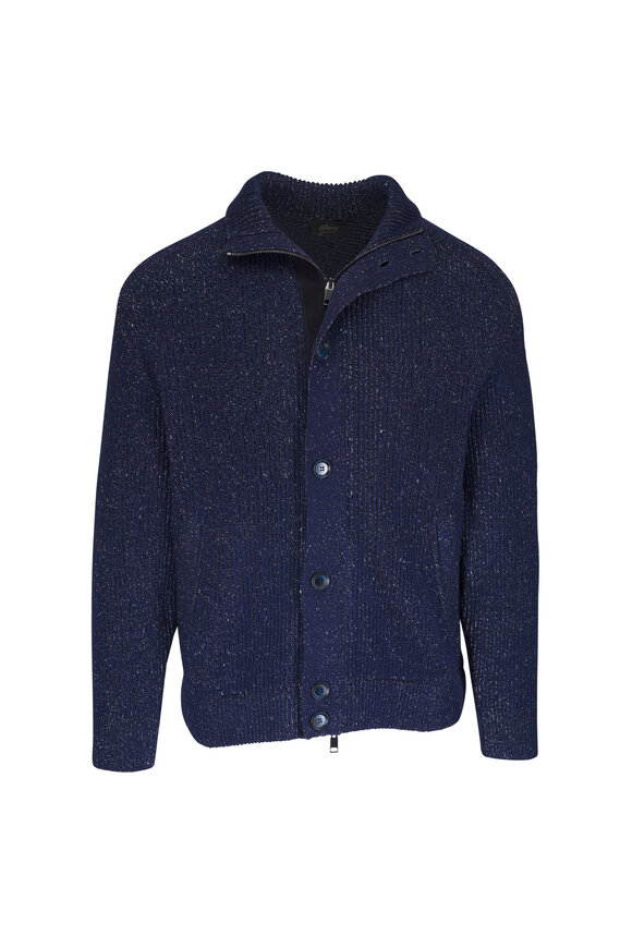 Brioni Navy & Black Mélange Cotton, Wool & Linen Cardigan