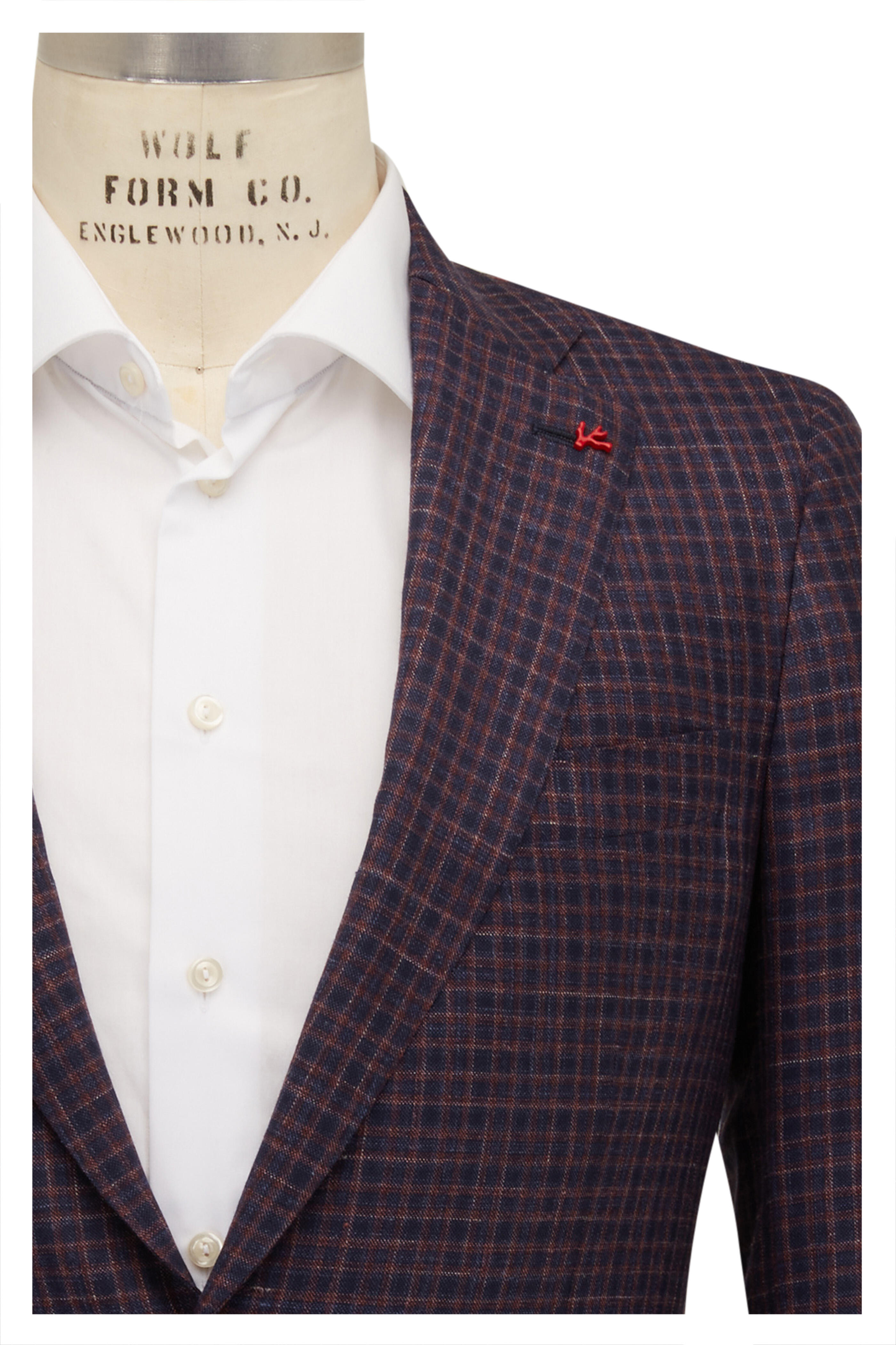 Isaia - Navy & Burgundy Check Wool Blend Sportcoat