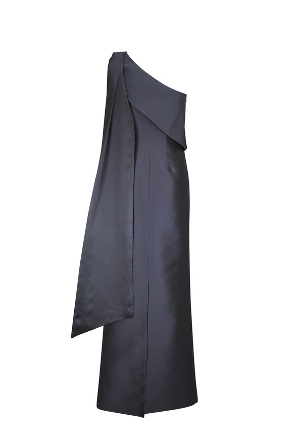 Olivine Gabbro - Charcoal Gray Ribbon One-Shoulder Evening Gown