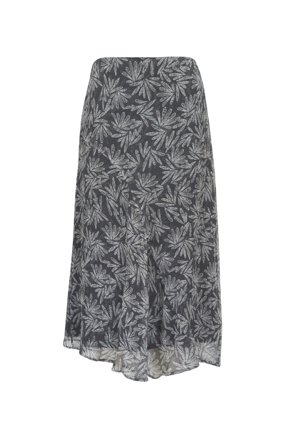 Brunello Cucinelli Gray Fern Print Silk Midi Skirt 