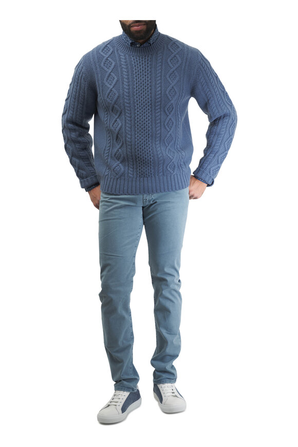 Vince - Light Beluga Blue Aran Cable Wool Crewneck Sweater