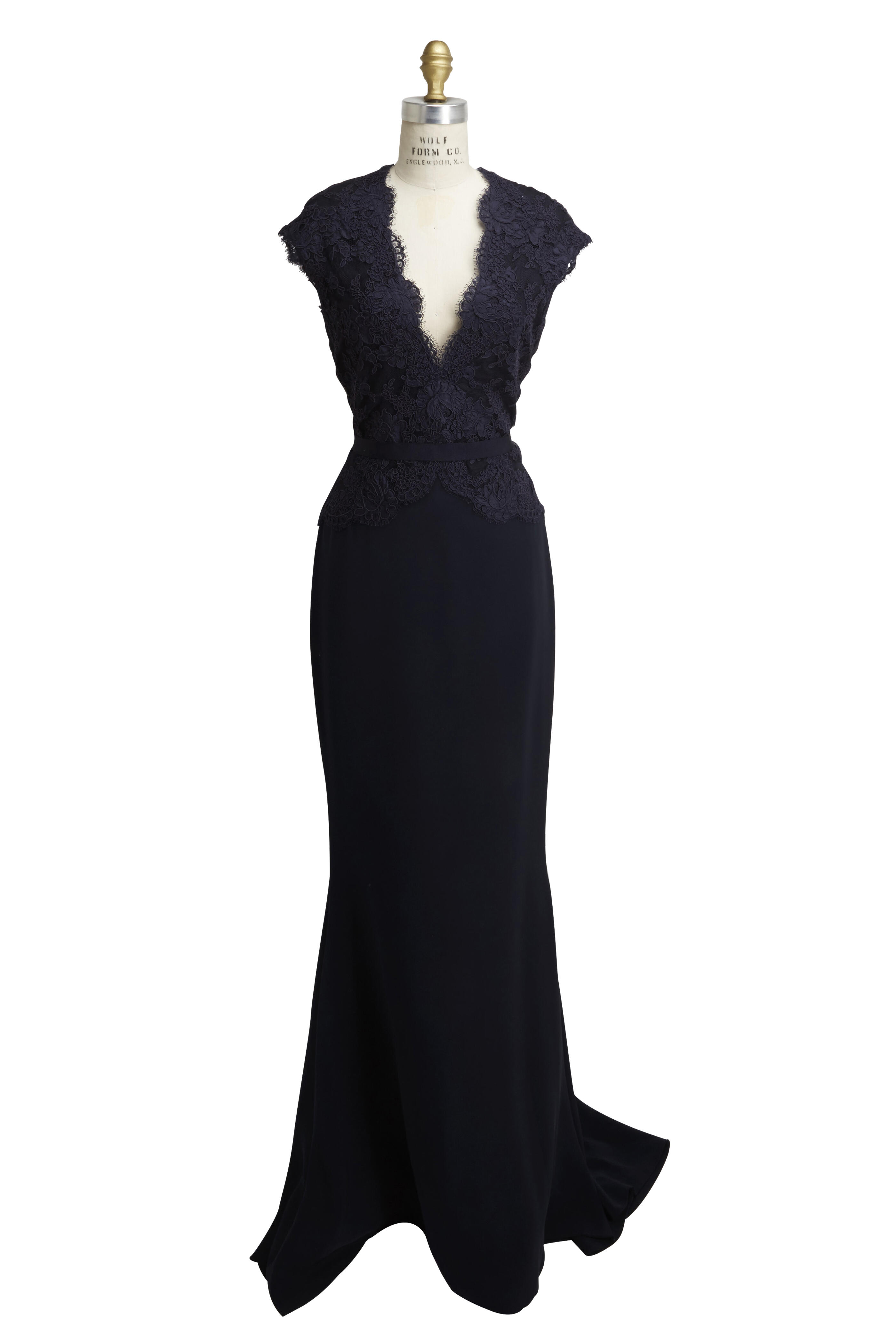 Reem Acra - Navy Blue Mixed Media Lace Gown