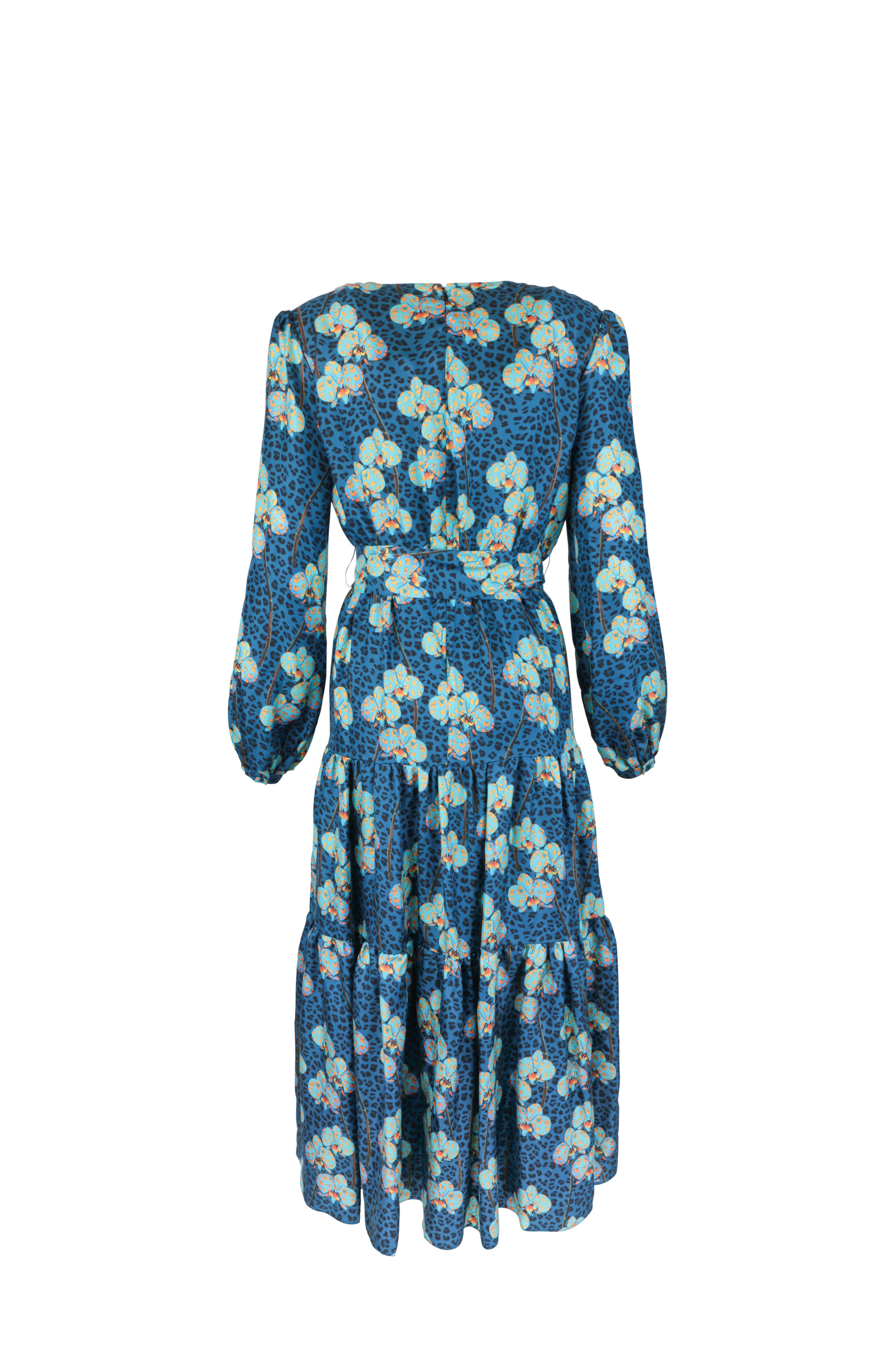 Borgo De Nor - Turquoise Silk Leopard Floral Print Maxi Dress
