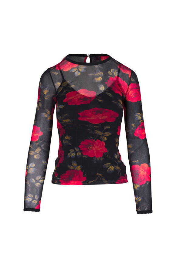 Carolina Herrera Black & Red Rose Print Mesh Top - view 1