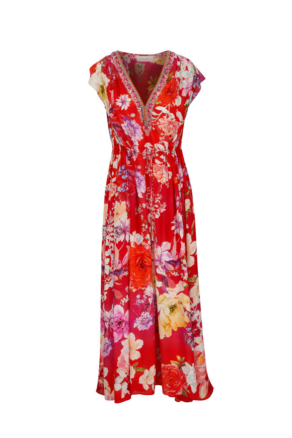 Camilla - Kiss and Tell Red Floral Sheer Silk Maxi Dress