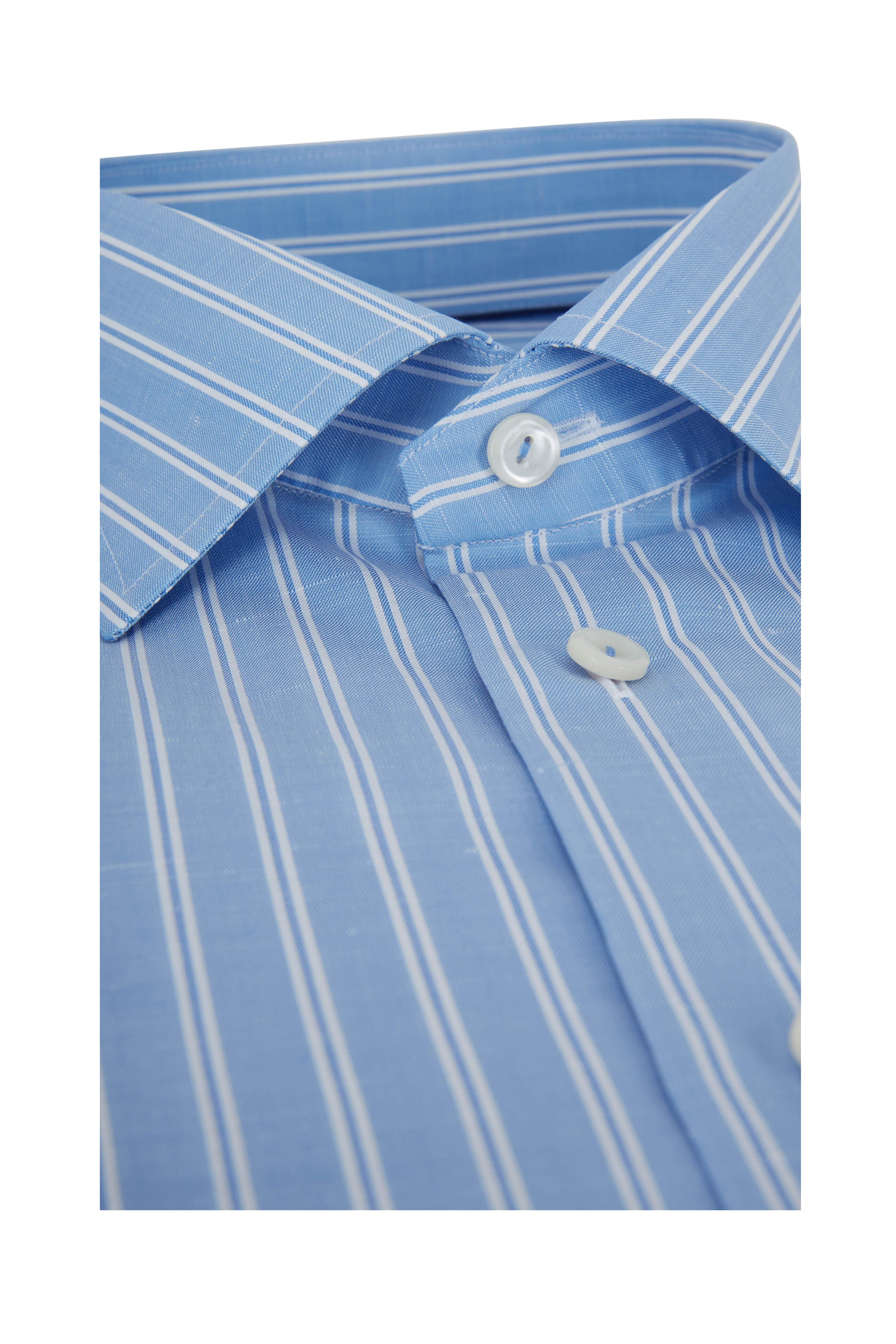 Eton - Blue Striped Cotton & Linen Slim Fit Dress Shirt