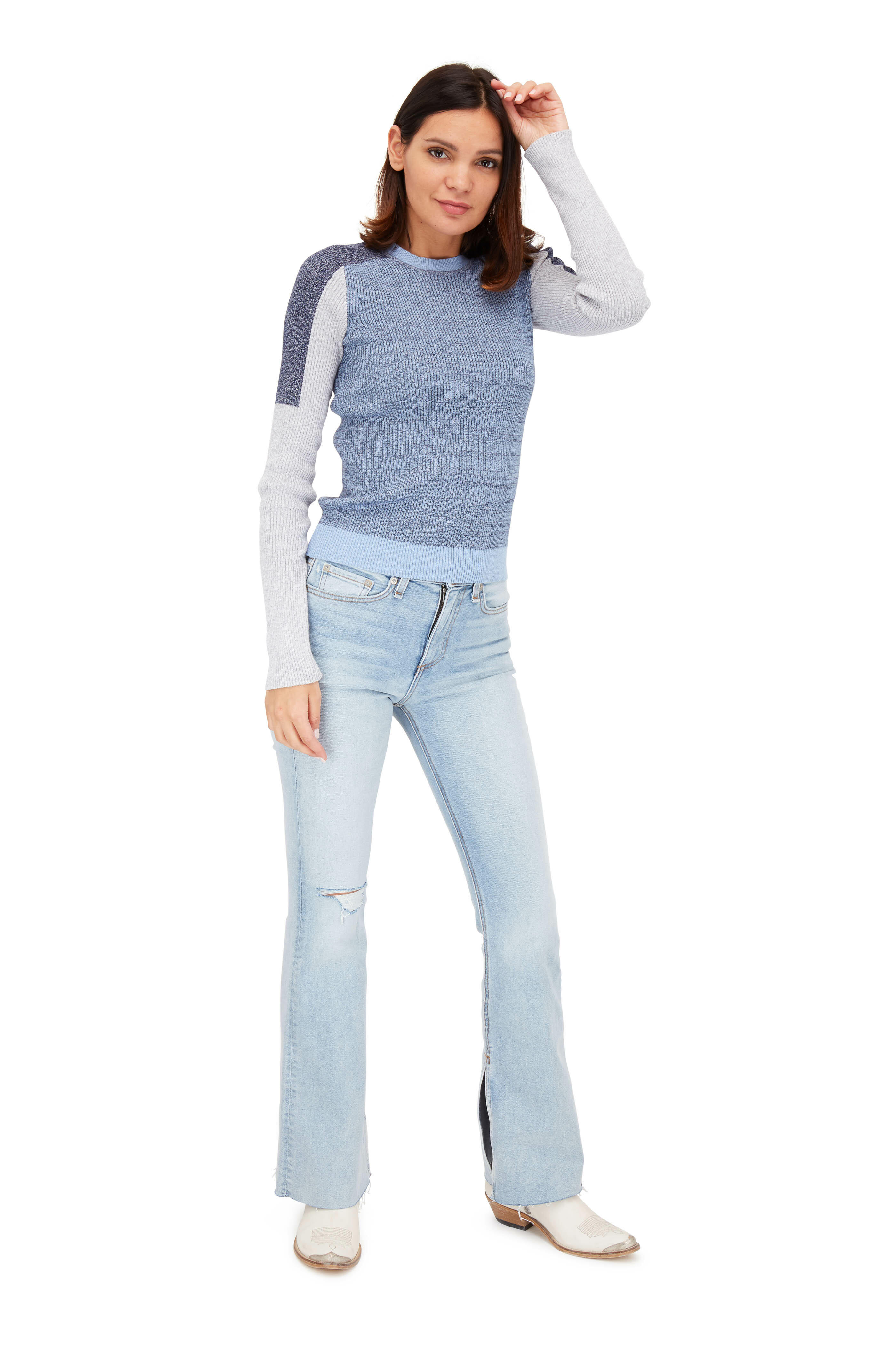 The Bling Thing Two Tone Drop Shoulder Denim Sleeve Knit Sweater S/M