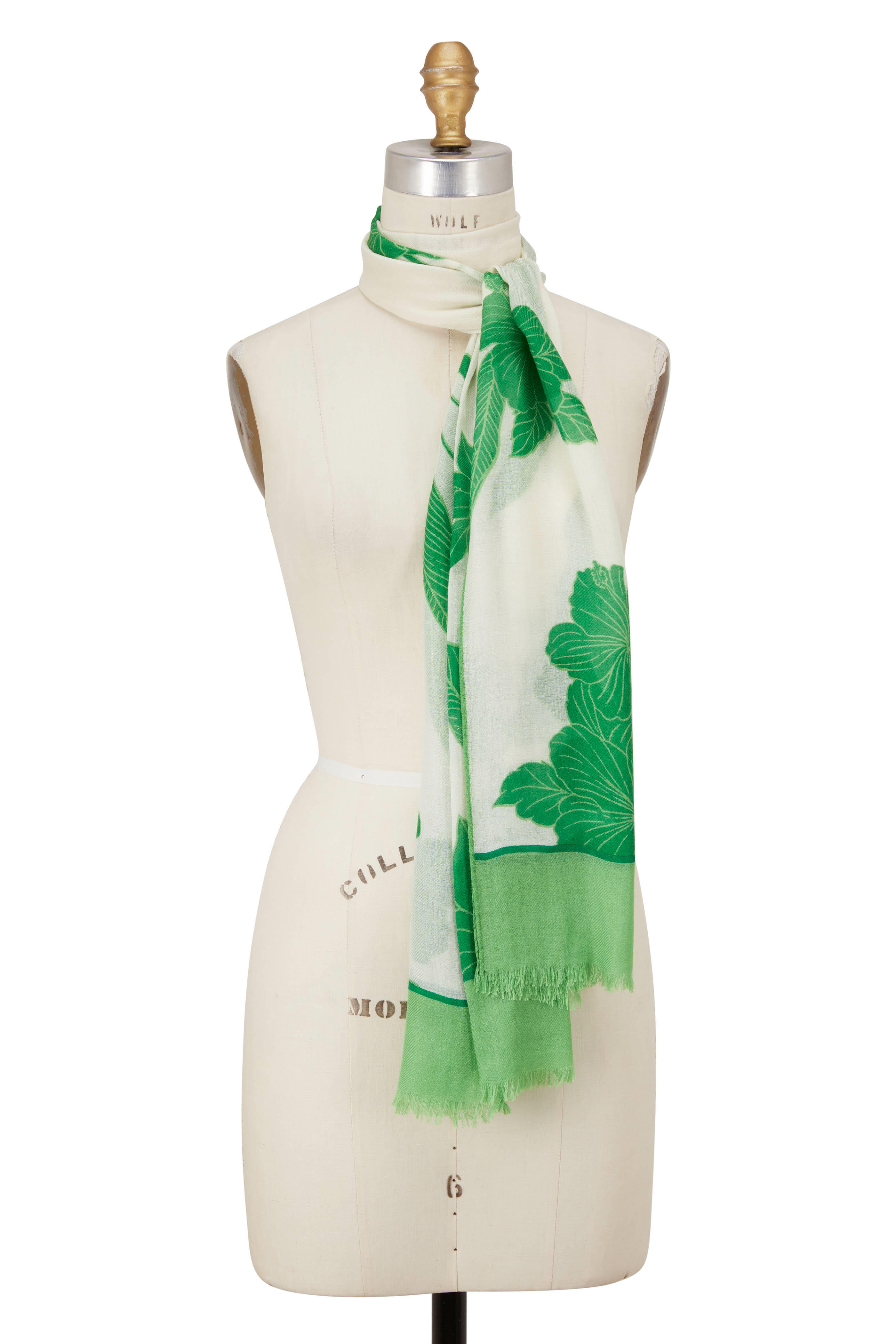 Loro Piana - White & Green Rose Print Scarf