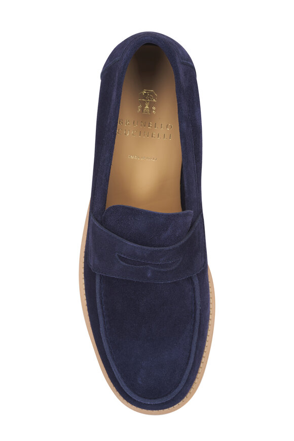 Brunello Cucinelli Navy Blue Suede Penny Loafer - view 4
