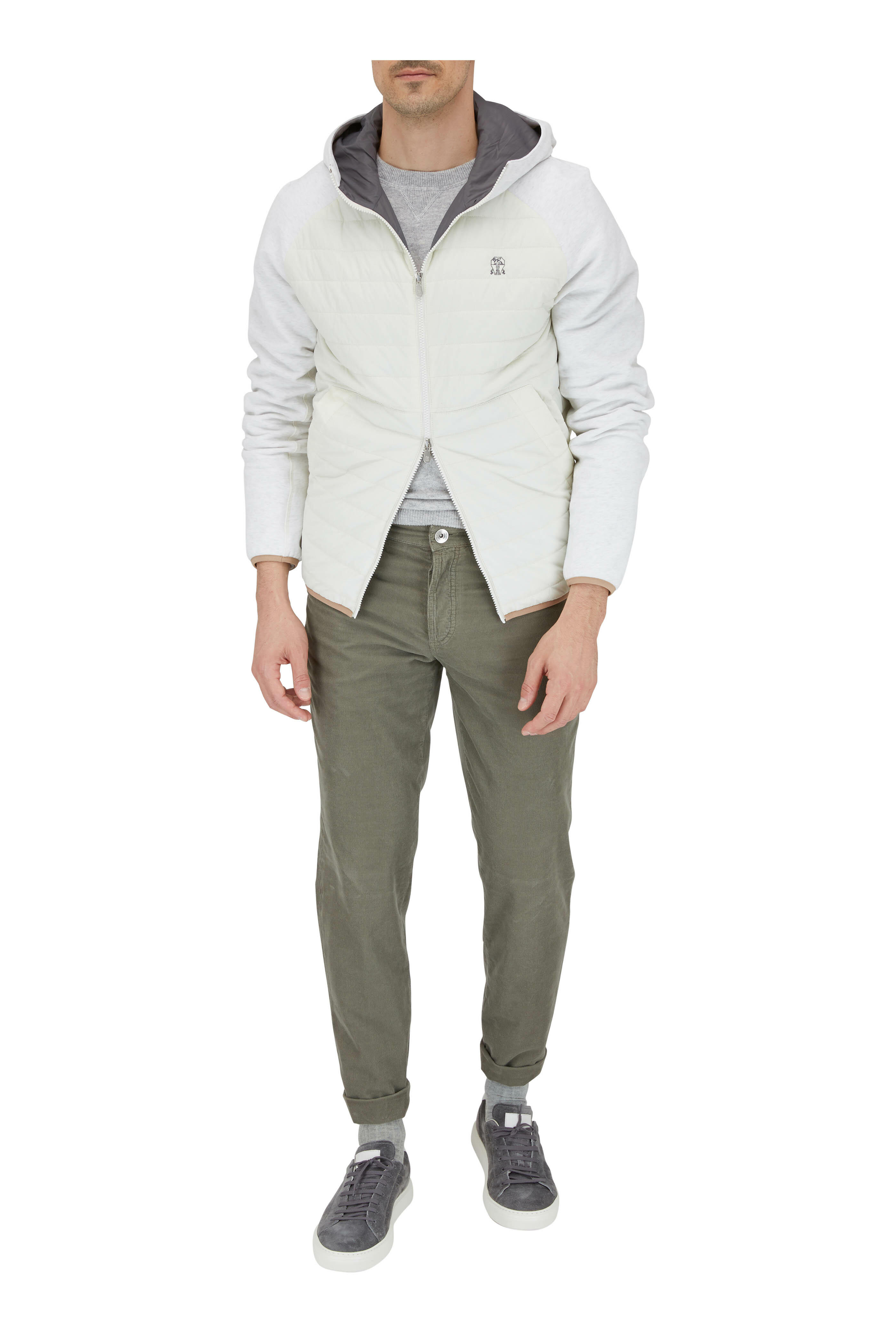 Brunello Cucinelli - White Quilted Front Zip Hooded Jacket
