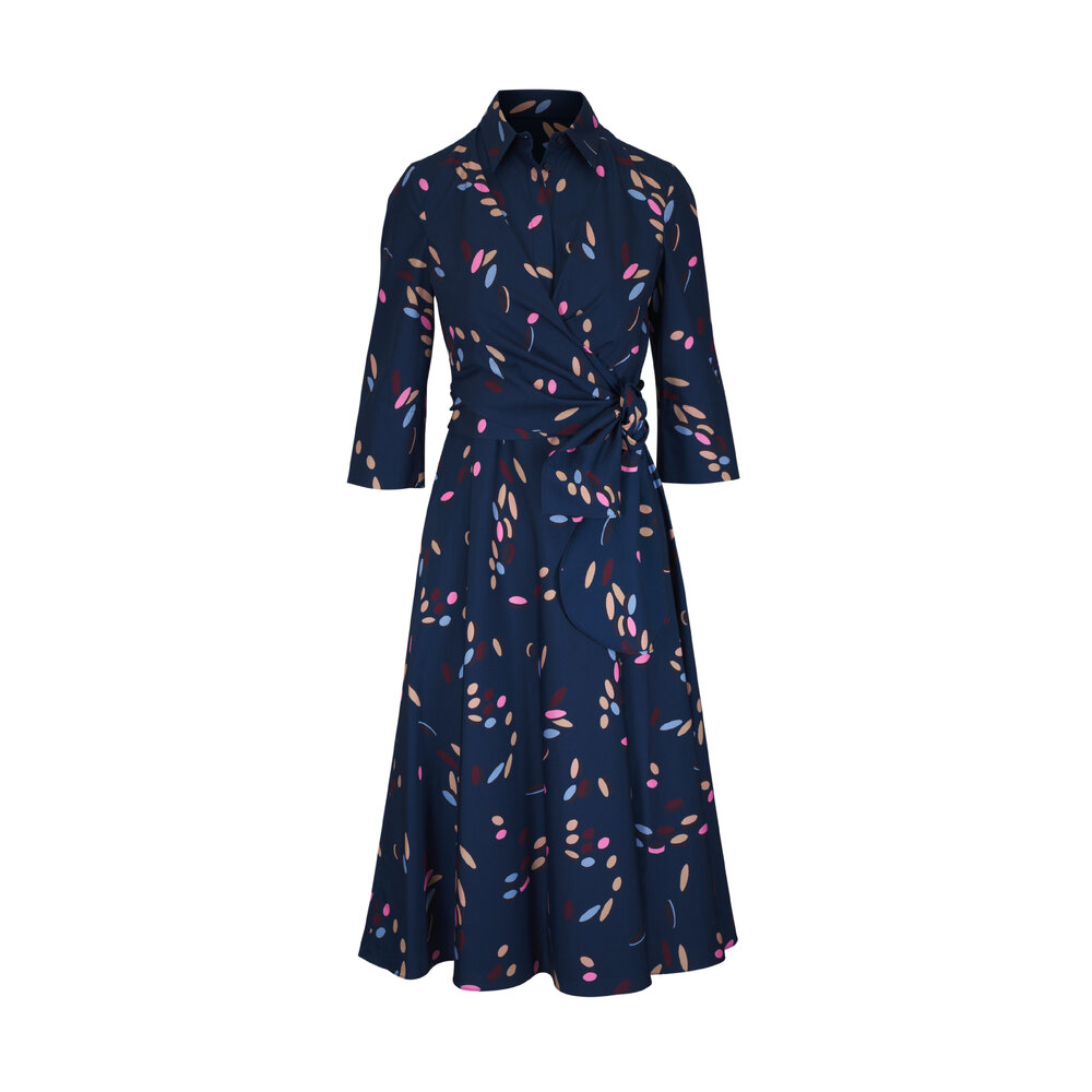 アクリス　AKRIS punto ブルードレス Akris Punto - Blue Falling Dots Print Cotton Faux Wrap Dress