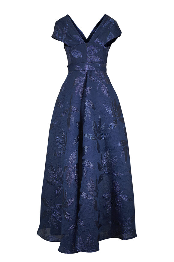 Talbot Runhof Navy Blue Peony Jacquard Print Evening Gown - view 3