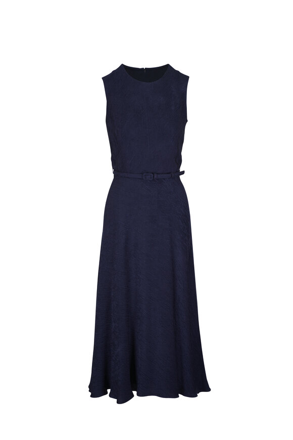 Olivine Gabbro - Navy Blue Round Neck Flare Midi Dress