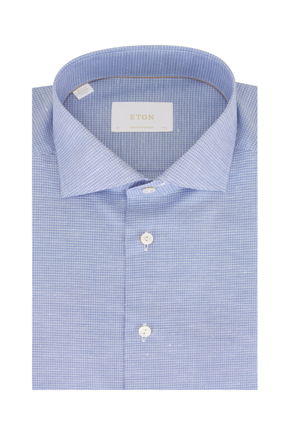 Eton Blue Check Cotton, Linen & Silk Dress Shirt - view 1