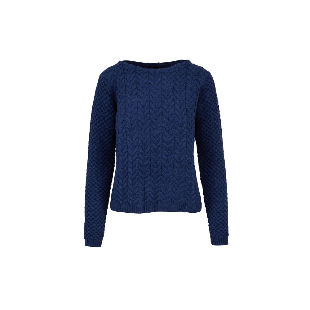 Raffi - Ocean Blue Merino Wool Cable Knit Boatneck Sweater