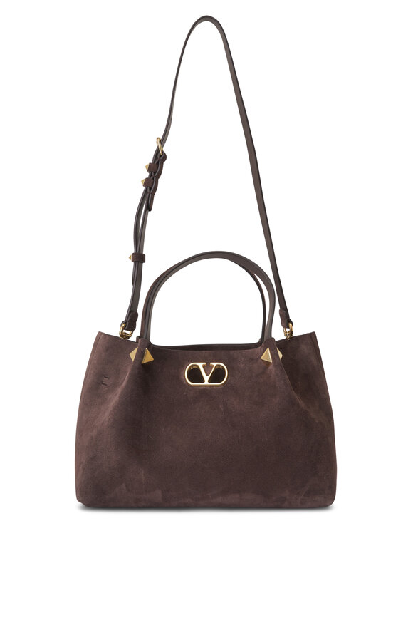 Valentino Garavani Small Ebony Brown Suede Shopping Bag - view 1