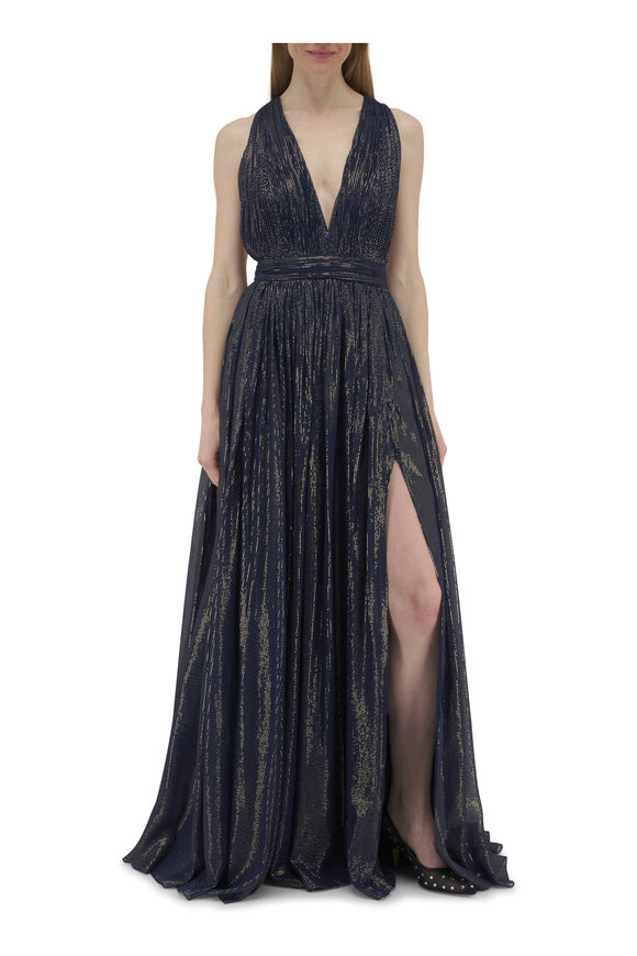 Michael Kors Collection - Hutton Navy & Gold Pinstriped Crossback Maxi Dress