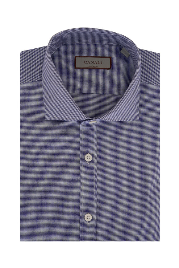 Canali - Blue Mini Houndstooth Cotton Sport Shirt