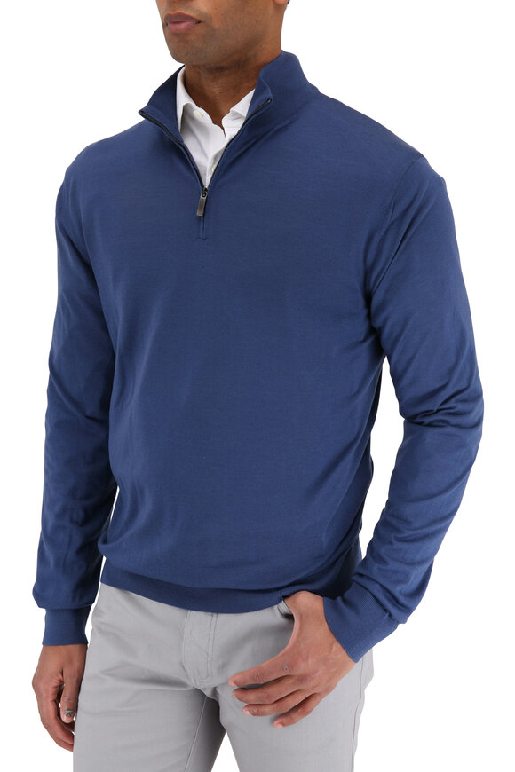 Zegna - Blue Wool Quarter-Zip Pullover