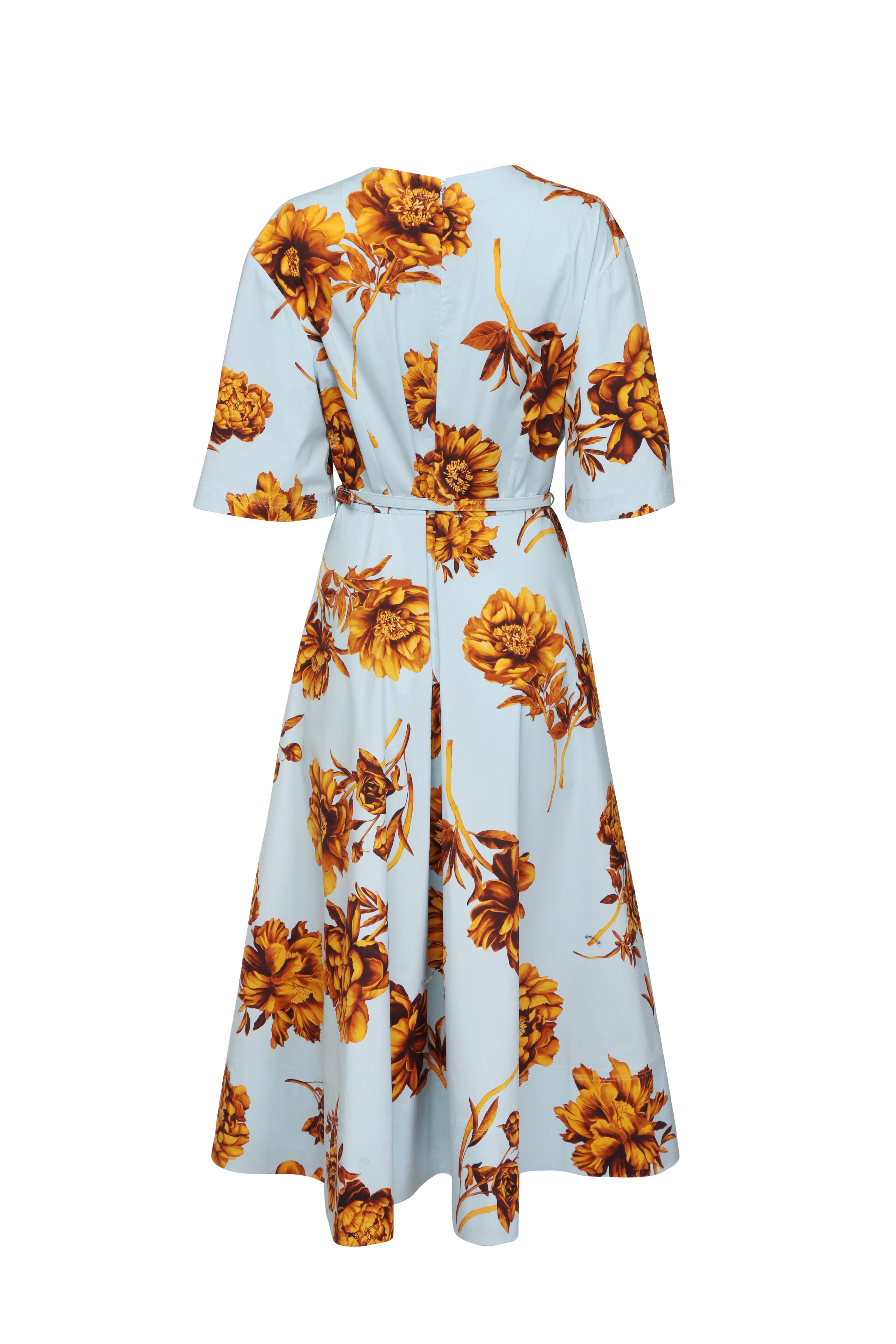 Oscar de la Renta - Blue & Brown Peony Print Midi Dress