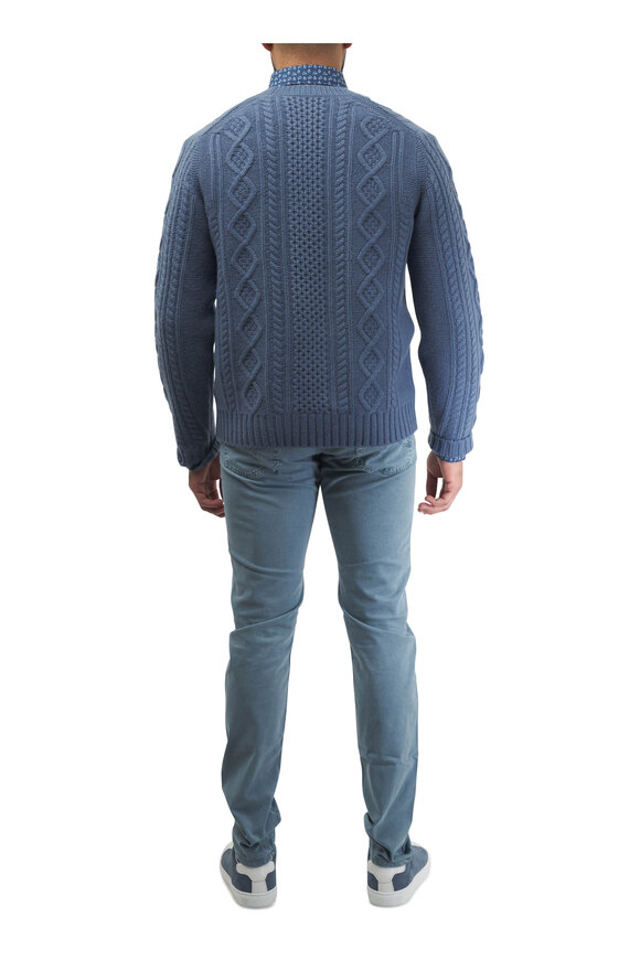 Vince - Light Beluga Blue Aran Cable Wool Crewneck Sweater