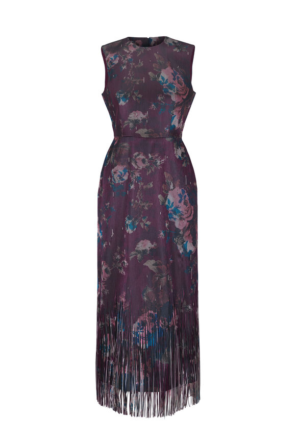 Erdem Burgundy Floral Print Fringe Jacquard Midi Dress - view 1