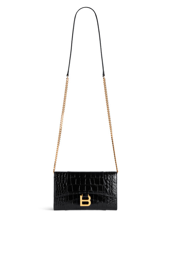 Balenciaga Hourglass Black Embossed Leather Wallet On Chain